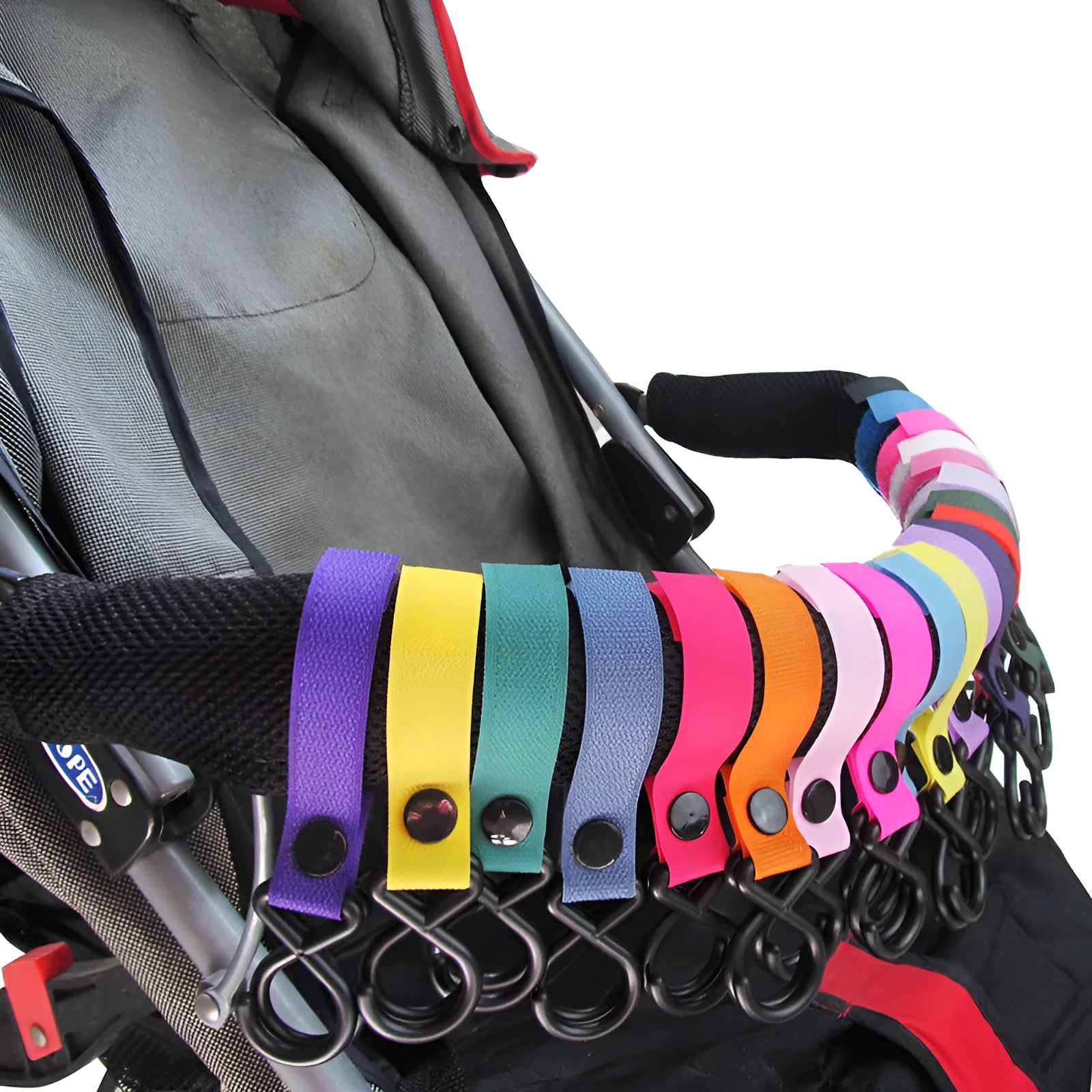 A single nylon Velcro hook for luggage organisation, shown in a selection of its 18 available colours.