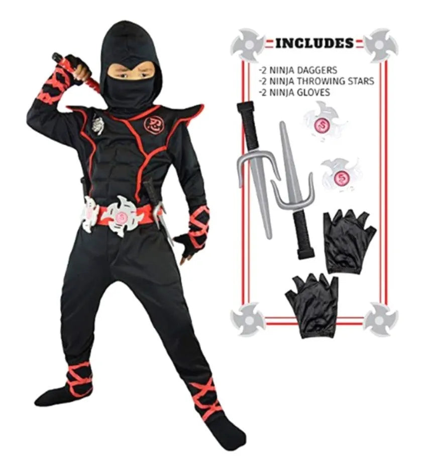 Children's Halloween cosplay costume in cotton-polyester blend with size chart showing measurements