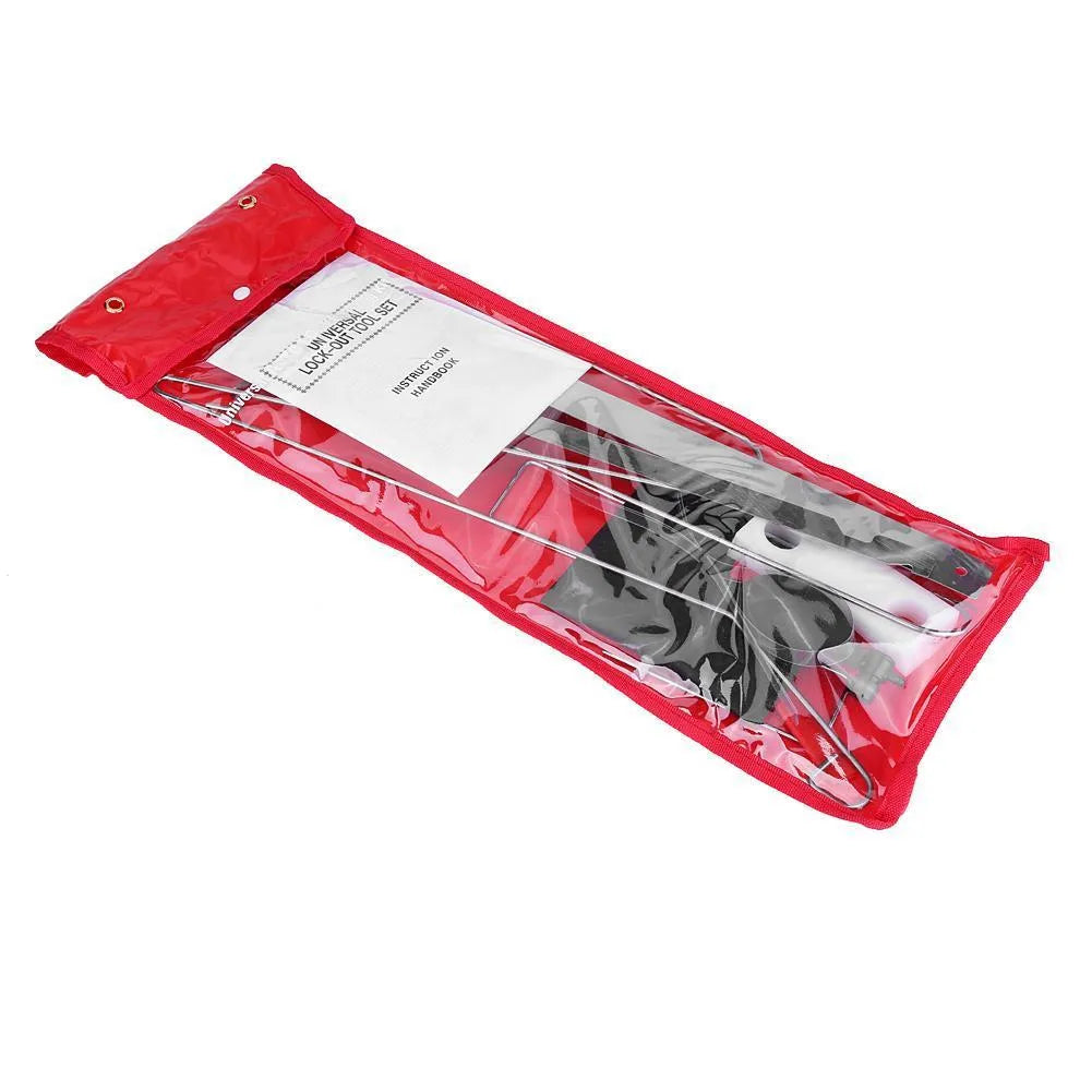 9-piece automotive emergency tool set with air pump wedge, plastic wedges, metal hooks, and crowbars