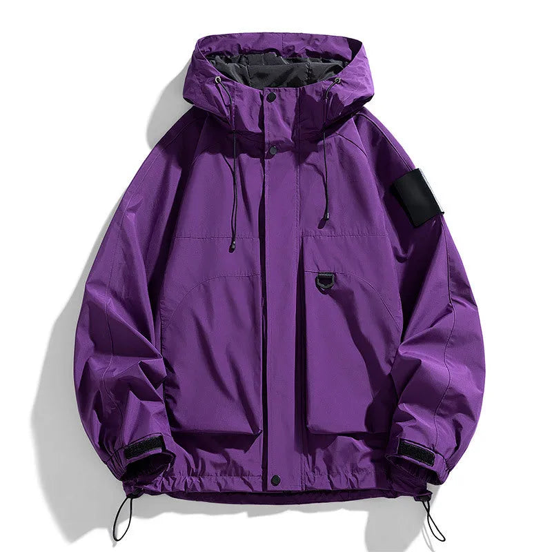 Men's black hooded windproof waterproof coat with long sleeves, shown in a regular length cut.