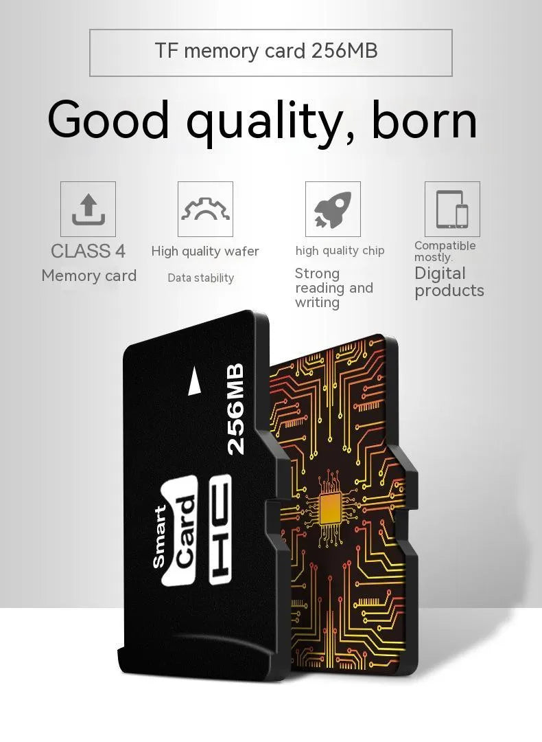 A single 256MB TF series memory card on a white background, showing its compact size.