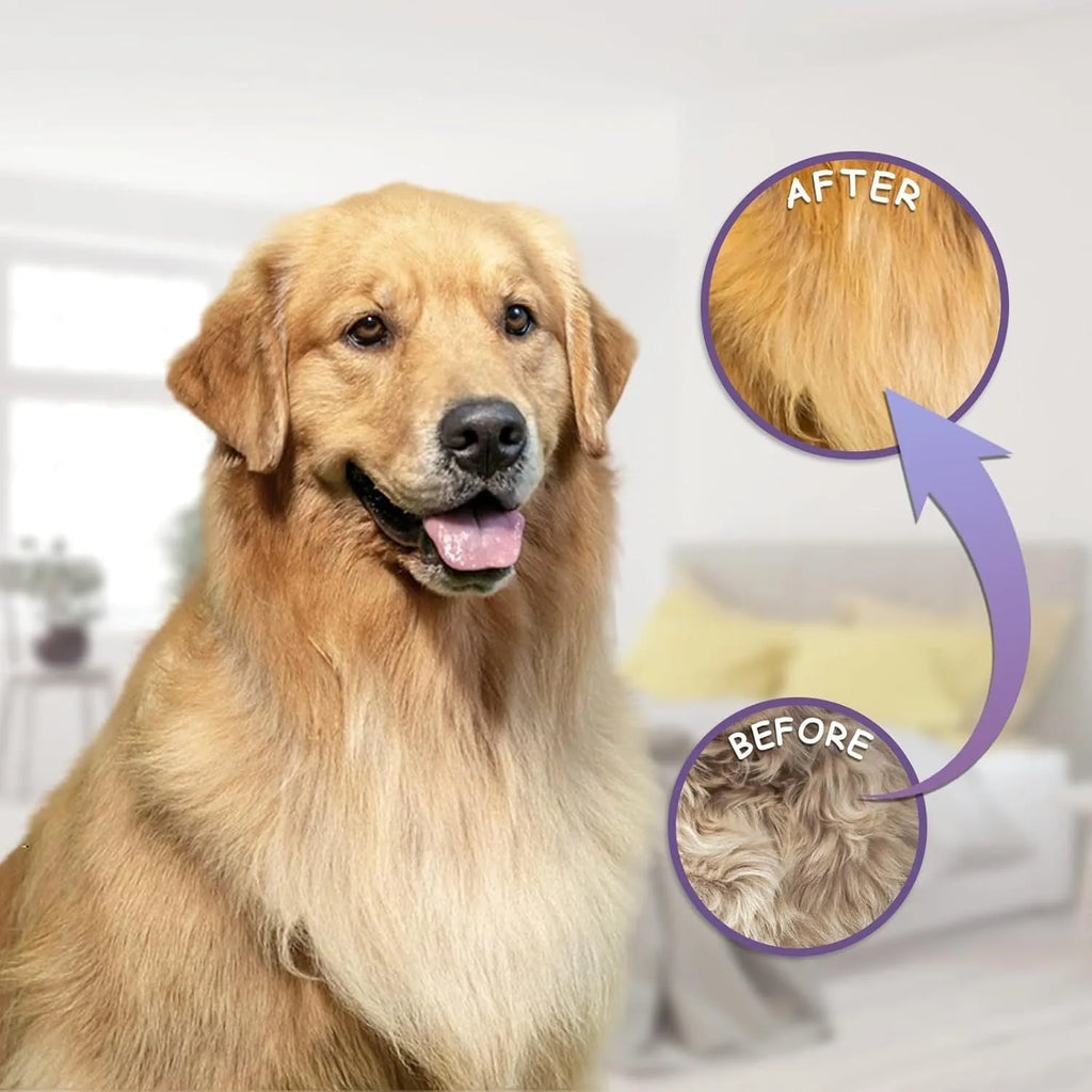 Purple pet detangling comb with stainless steel teeth and ergonomic handle for dogs and cats.