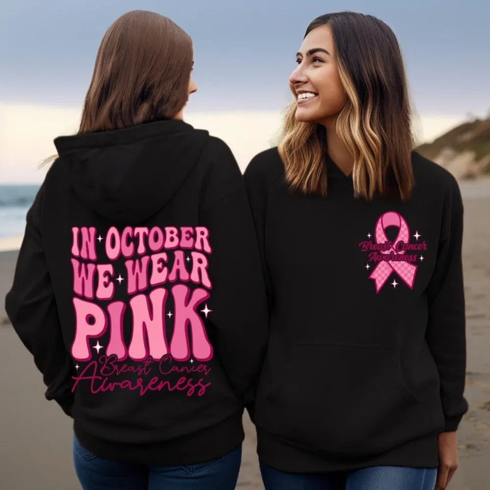 Pink Breast Cancer Awareness pullover hoodie with art retro design and a side seam pocket.