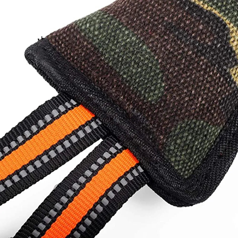 Yellow-edged jute dog training bite stick with reflective strips, measuring 55 cm in length