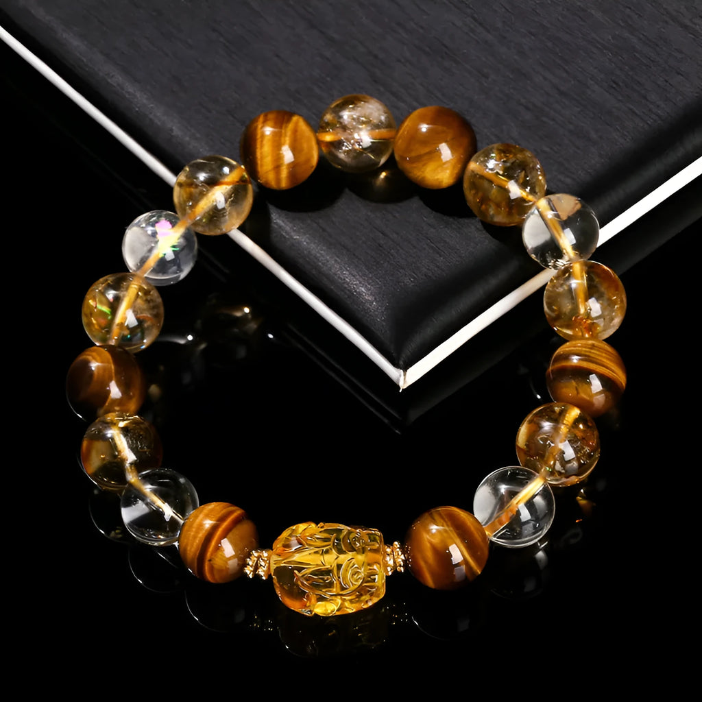 Yellow Tiger's Eye and citrine Pi Xiu bracelet with 10mm round geometric beads and steel details