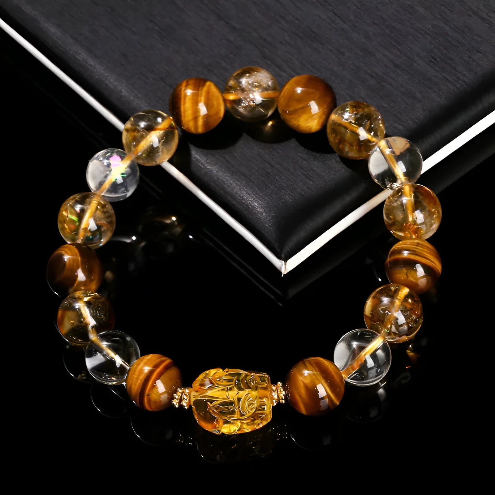 Yellow Tiger's Eye and citrine Pi Xiu bracelet with 10mm round geometric beads and steel details