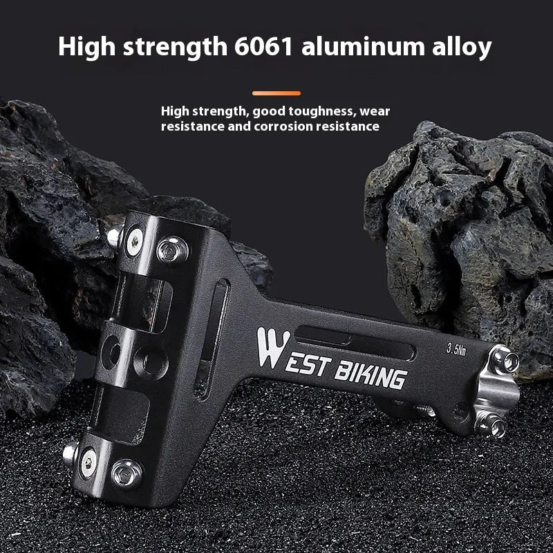 Bicycle double water bottle cage extension bracket in black aluminium alloy and stainless steel with adjustable angle