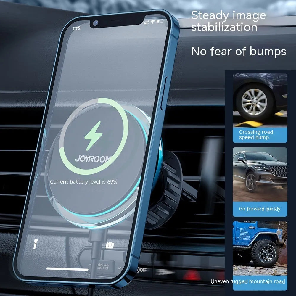 Black magnetic wireless charging phone holder mounted on a car air vent.