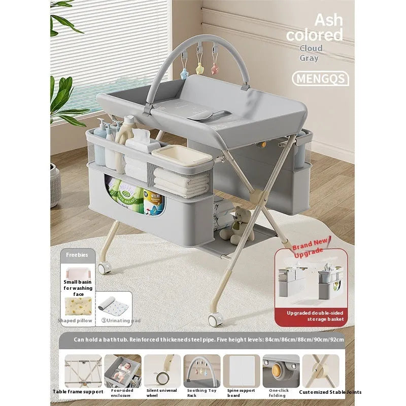 Baby care foldable multifunctional diaper-changing table with safety belt and storage baskets in beige top configuration