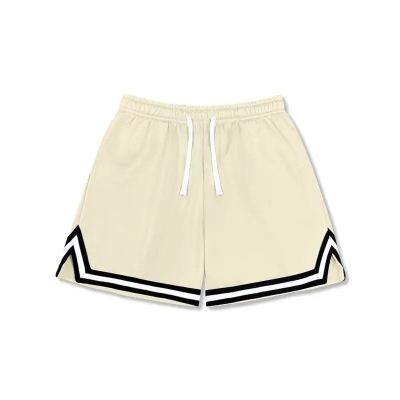 Men's loose-fit polyester sports shorts shown in a choice of colours including black, apricot, and blue.