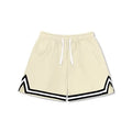 Men's loose-fit polyester sports shorts shown in a choice of colours including black, apricot, and blue.