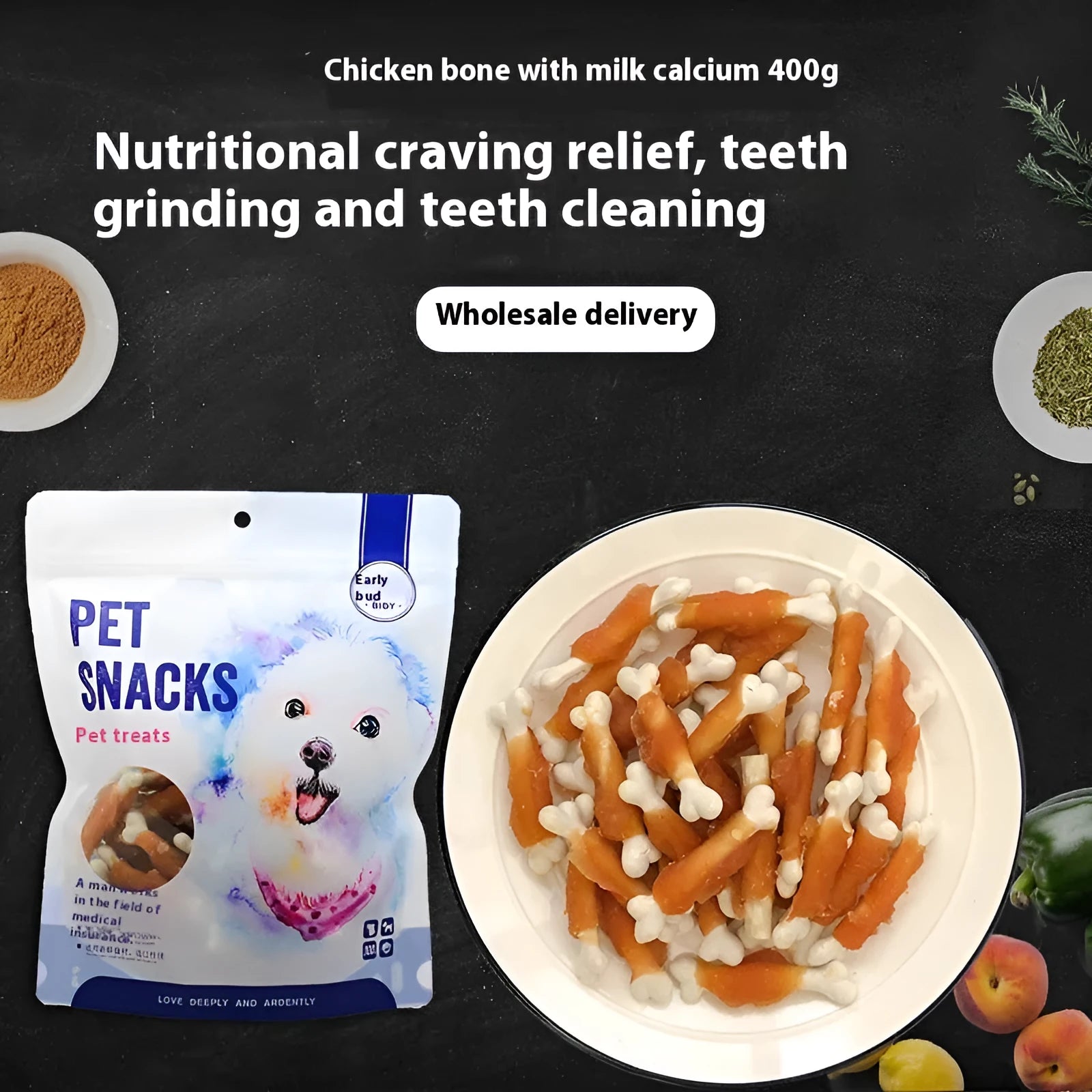 400g bag of Betty Chicken Wrapped Calcium Bone dog chew snacks on a white background.