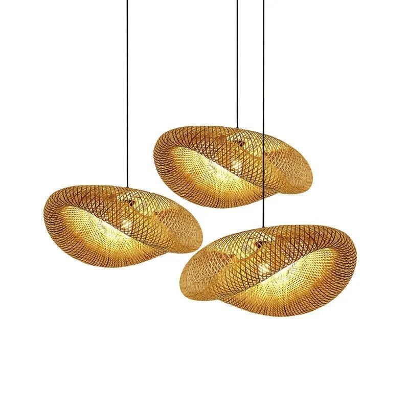 Bamboo straw hat shaped hanging pendant lamp with woven texture on a ceiling.
