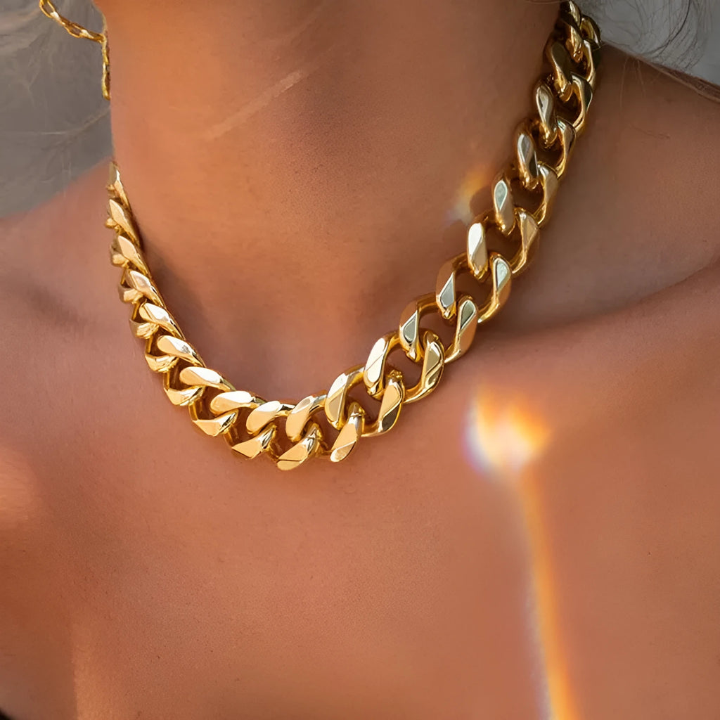 Gold thick chain necklace for women, 32cm long with 6cm wide links.
