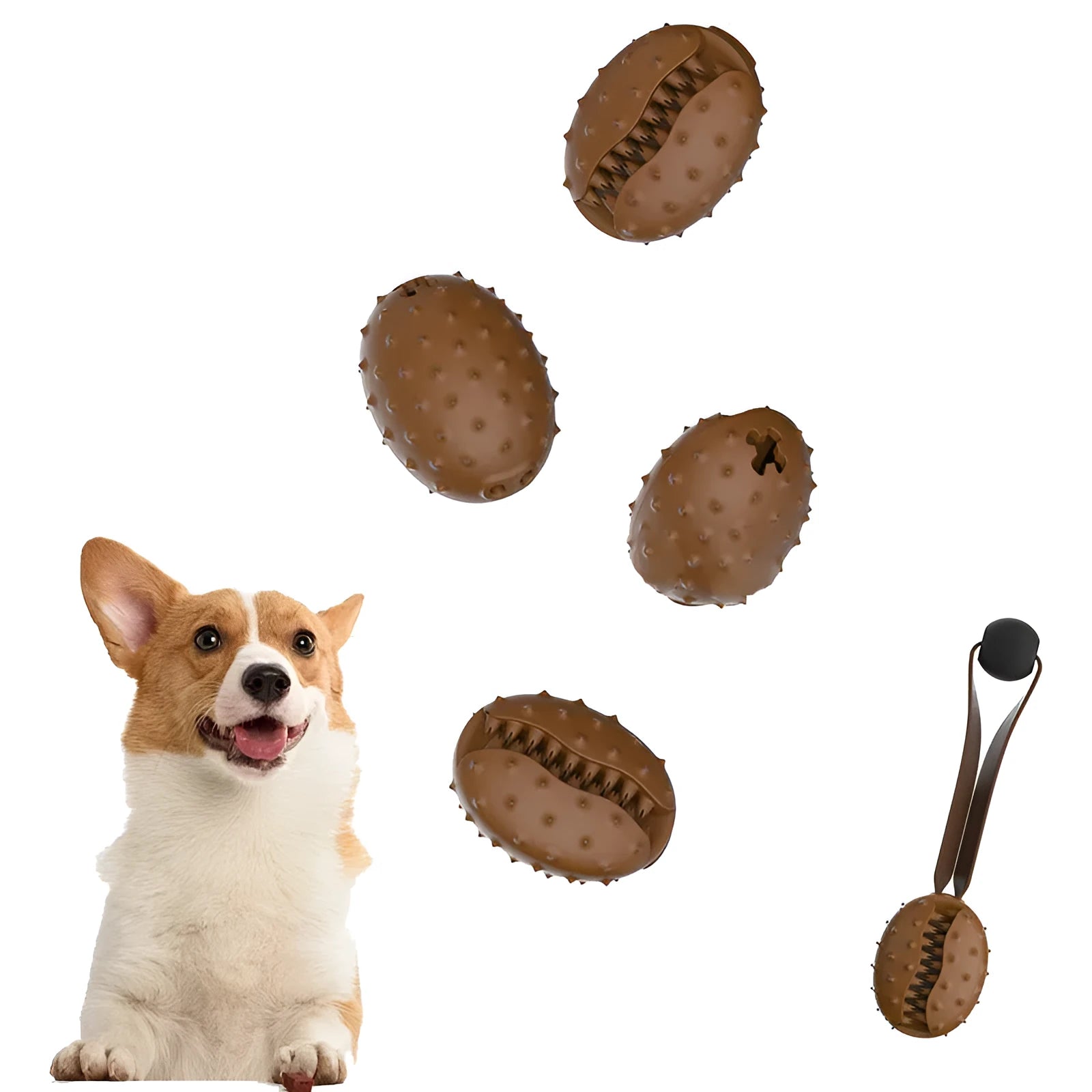 Coffee-coloured TPR dog toy shaped like a coffee bean with rope knots