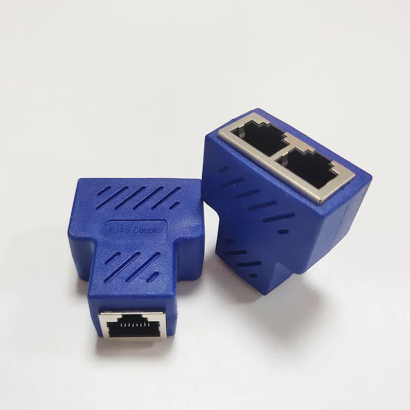 RJ45 network splitter adapter in multiple colours showing one-to-two Ethernet connection