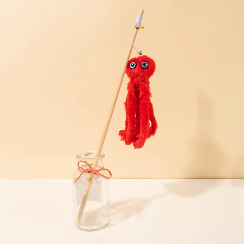 Long stick cat toy with octopus plush in grey, pink, purple or red colours, 40cm length