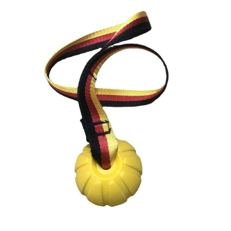 Yellow and camouflage coloured EVA floating dog balls with strings in three different sizes on a blue background.