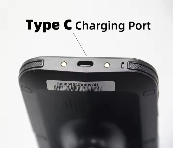 SLP-05 handheld Android UHF RFID reader scanner with touchscreen display and removable battery.