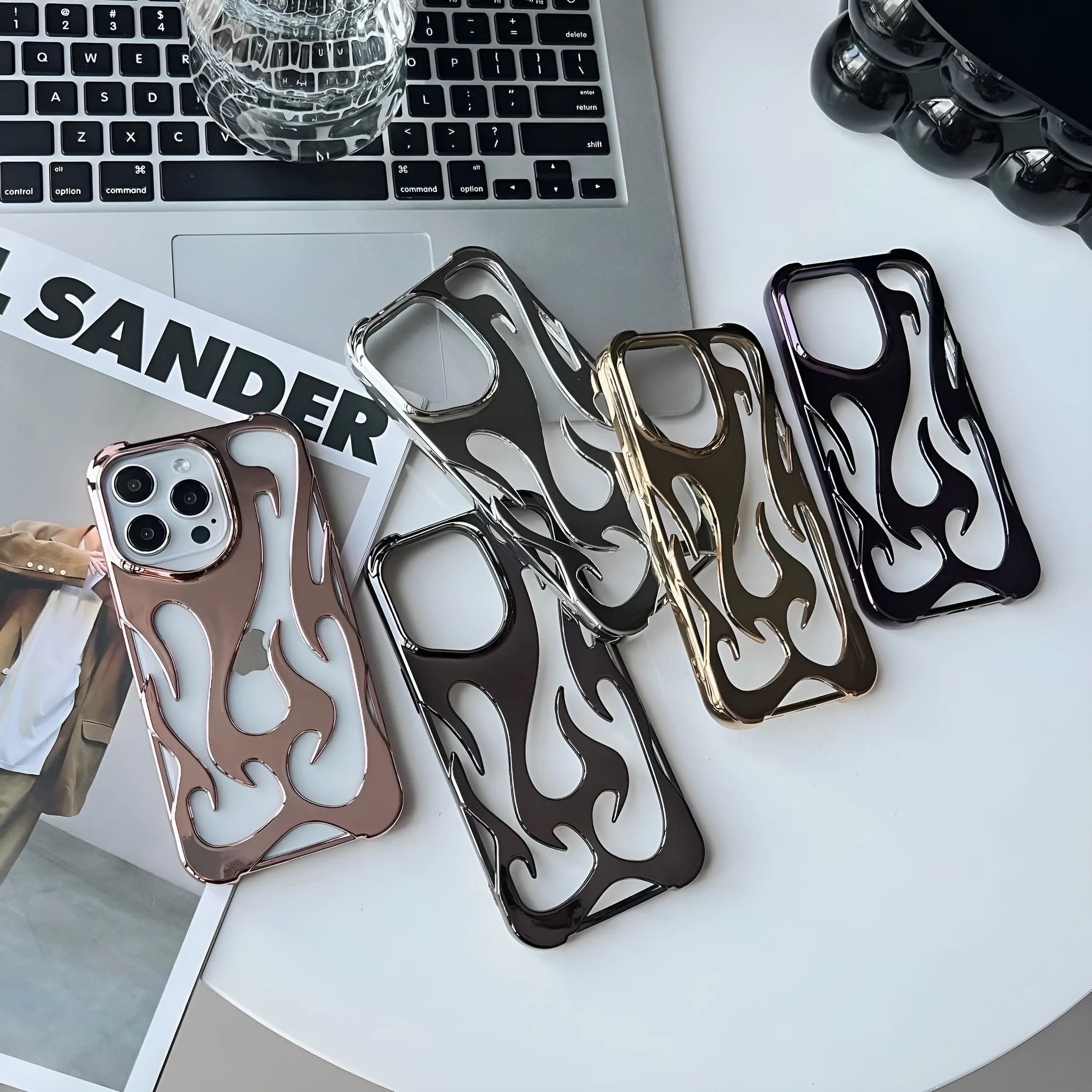 Electroplating hollow flame pattern TPU phone case for Apple iPhone in gold colour.