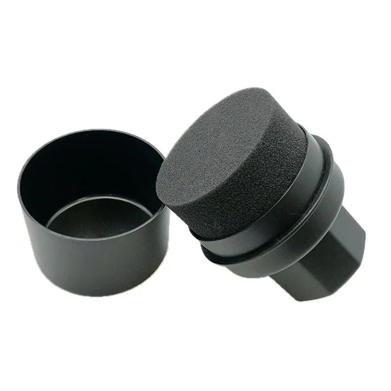 Car tyre polishing sponge brush with a black high-density sponge and a white PP plastic handle, shown with its protective lid.