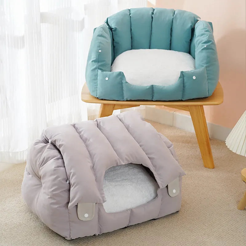 Grey arched cat nest with removable cover shown in both enclosed and open sofa configurations