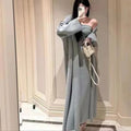 Women's grey knitted cardigan and dress two-piece suit set with flocking detail.