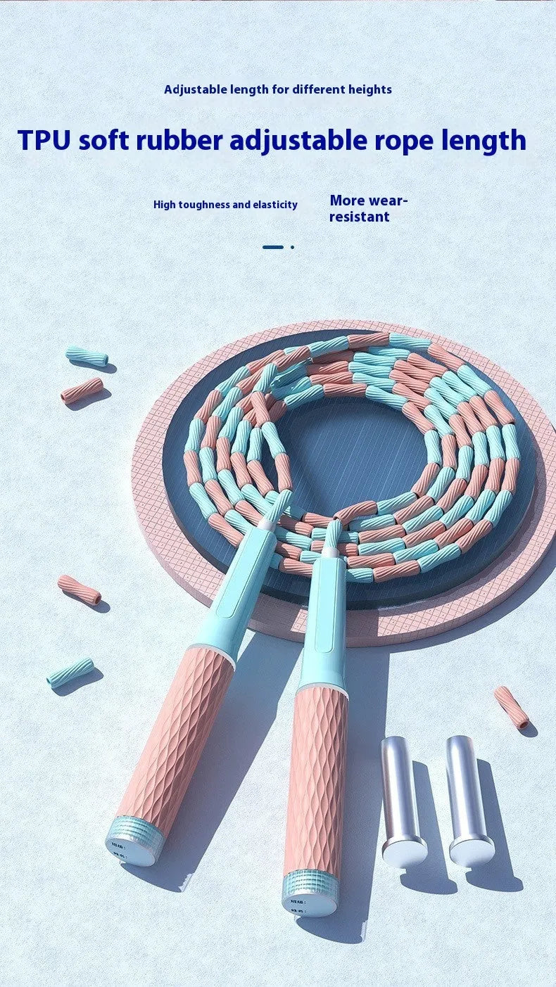 Children's skipping rope with bamboo beads in blue colour showing 2.8 metre length