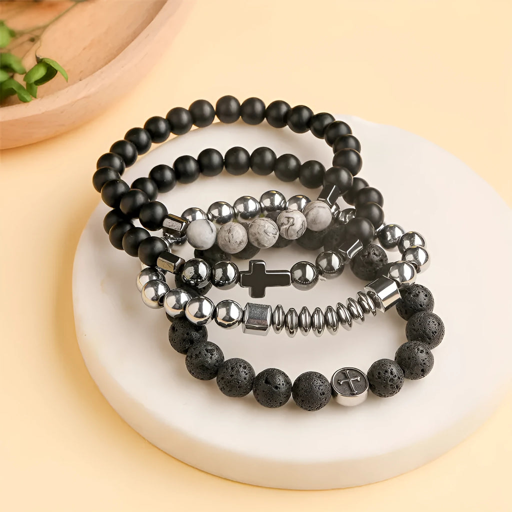 Volcanic agate bracelet with polished stainless steel and geometric design