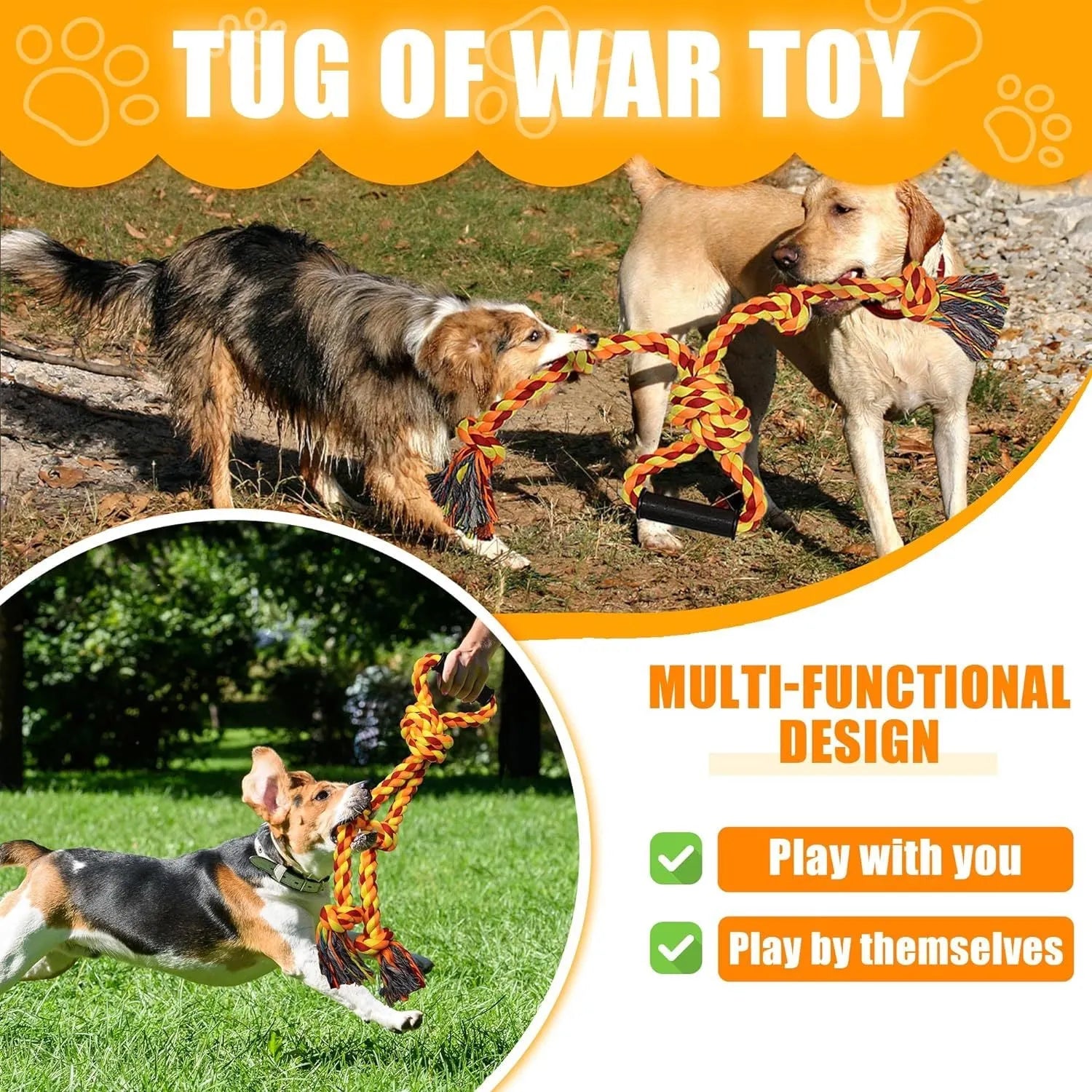 Blue and yellow durable cotton dog rope tug toy with ergonomic handle for large breed aggressive chewers
