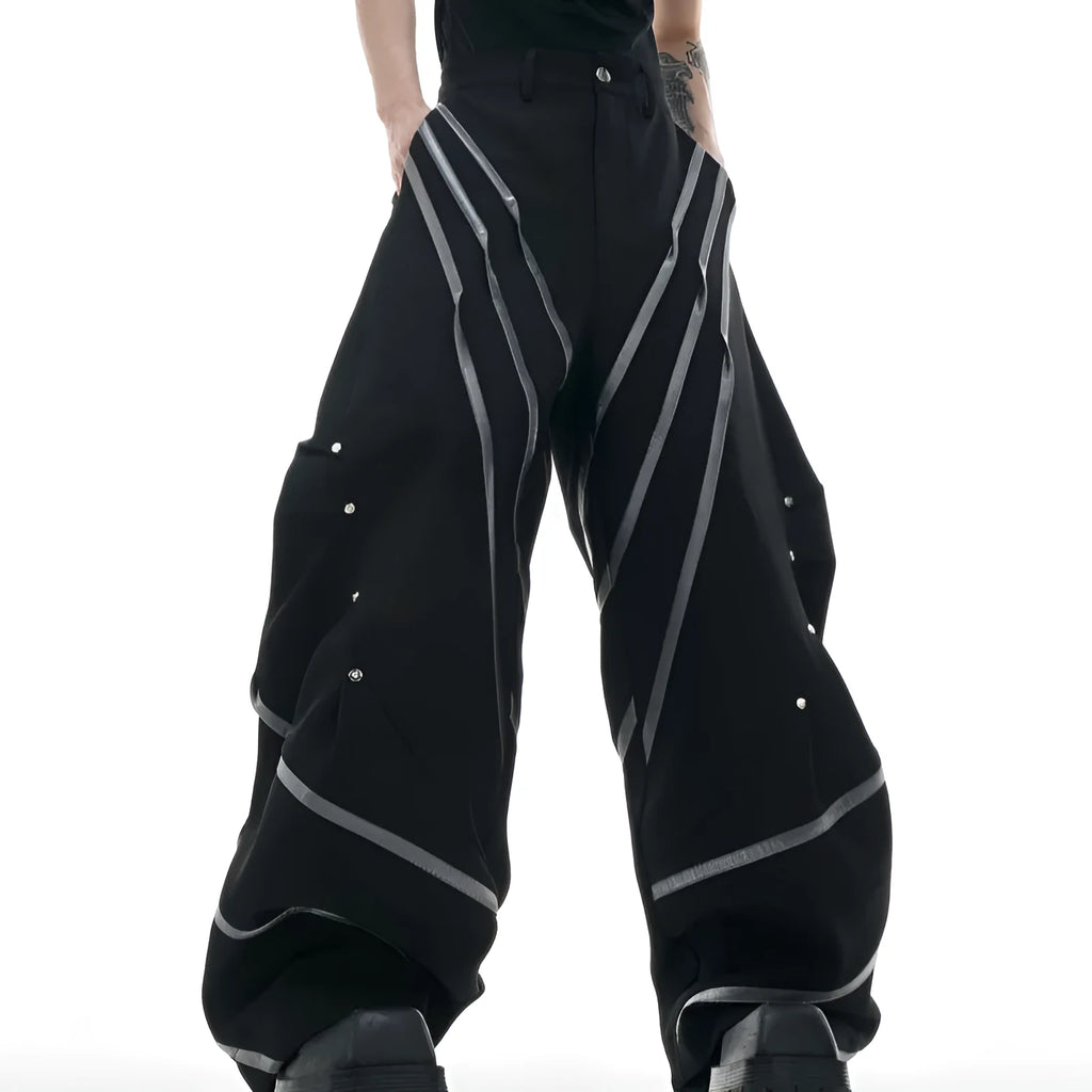 Men's polyester trousers with three-dimensional cutting, metal striped rivets, and pleated design in black or white