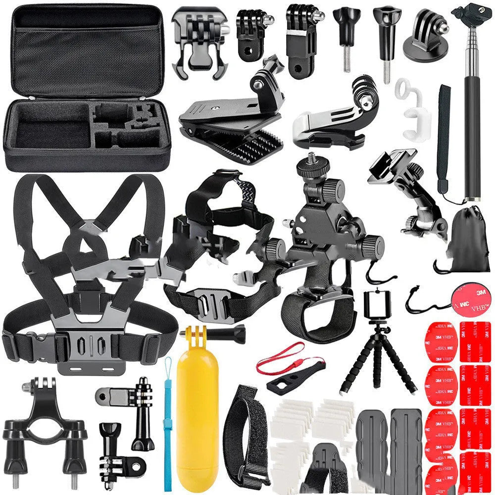 Black GoPro camera chest strap, helmet mount clip, and tripod stand accessory set.