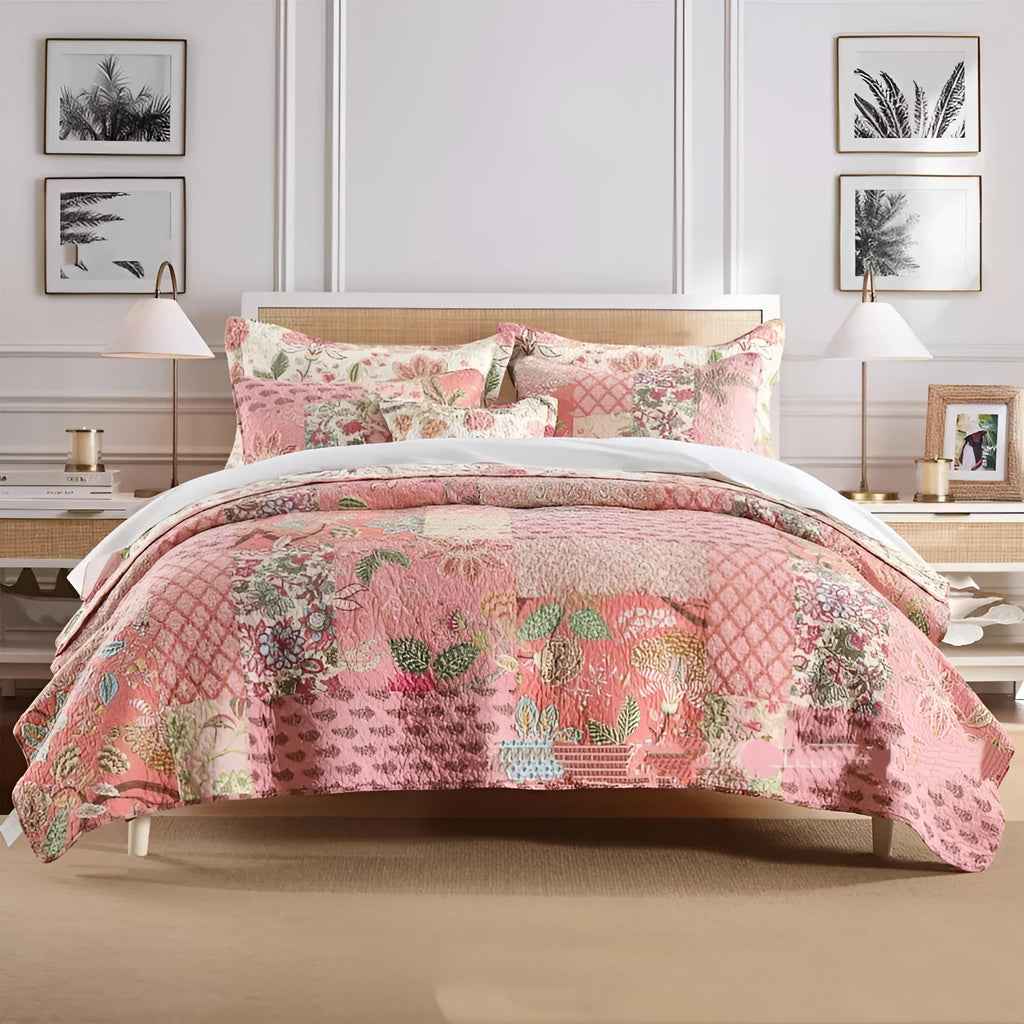 Handmade pure cotton bedding set in pink with flowers pattern on a 2.0m bed
