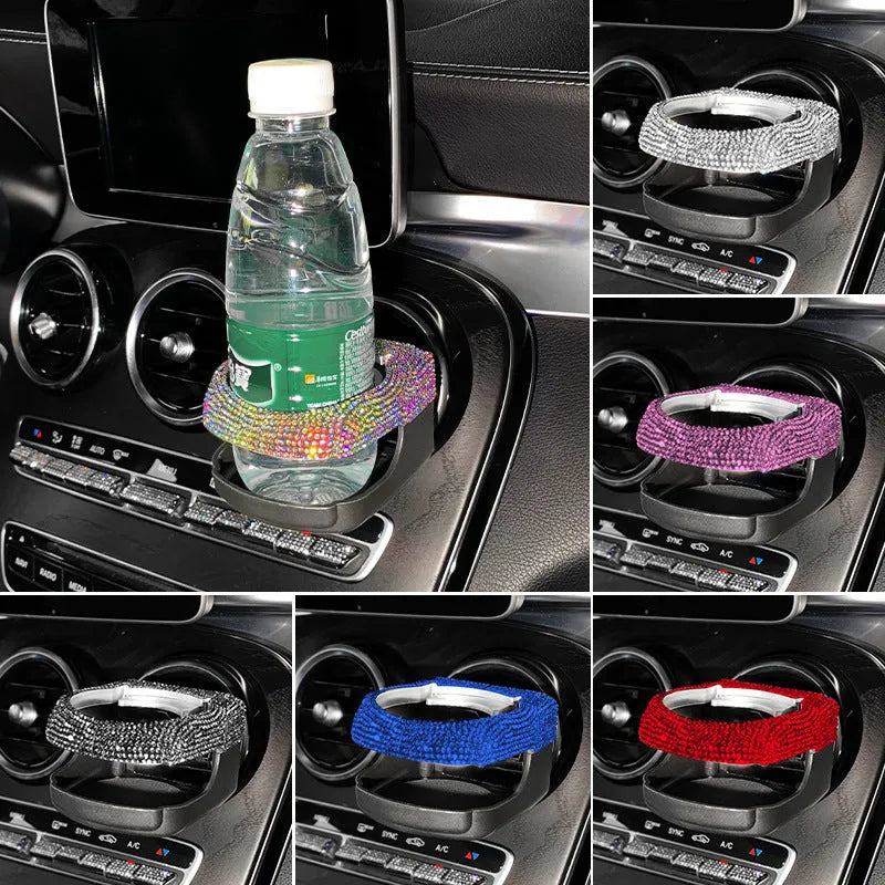 Sparkling rhinestone decorated car air vent cup holder bracket in choice of seven colours.