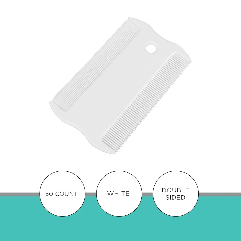 Small white plastic double-sided flea comb for dogs and cats on a plain background.
