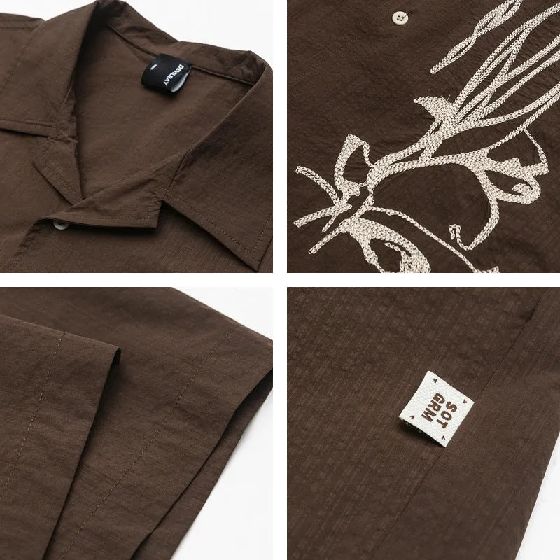 Brown stripe polyester outdoor shirt with Cuban collar and short sleeves for camping