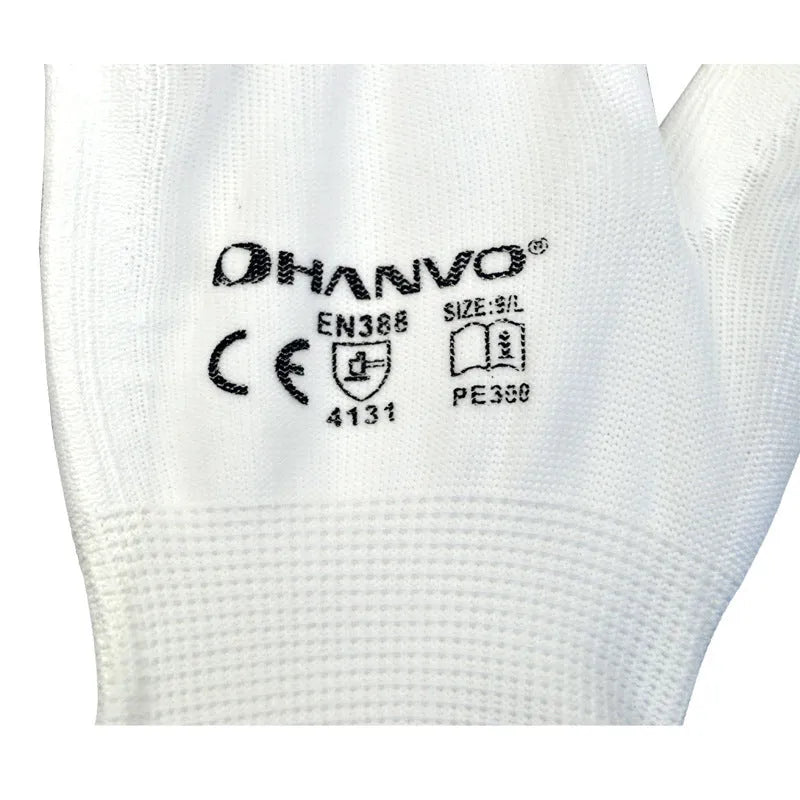 White PU coated labour gloves showing wrist length and flexible construction