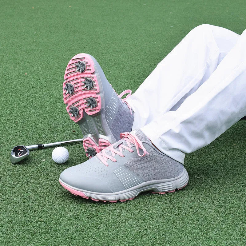 Women's waterproof golf sneakers in white, low-top with front lace closure and microfibre upper