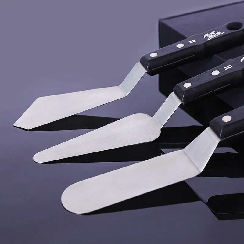 Stainless steel artist palette knife set with three sizes No. 3, No. 10, and No. 12 for oil painting