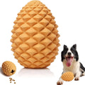 Yellow pine cone shaped natural rubber dog toy with treat dispenser hole