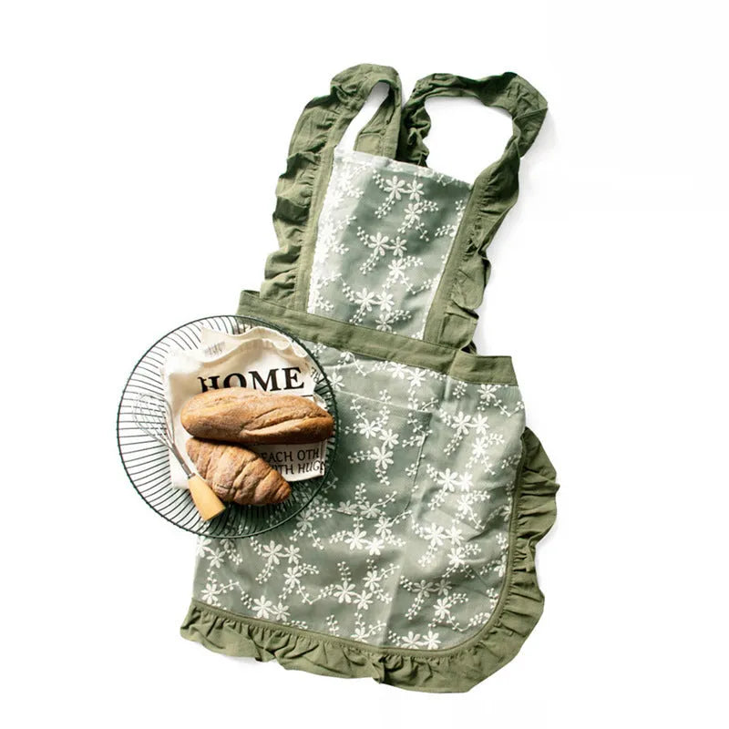 Minimalist cotton linen X strap apron with lace detailing in solid colour options