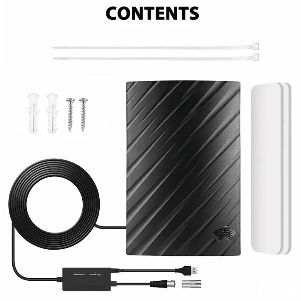 Black plastic digital TV antenna with mounting screws, tubes, adhesive tape, and cable ties.