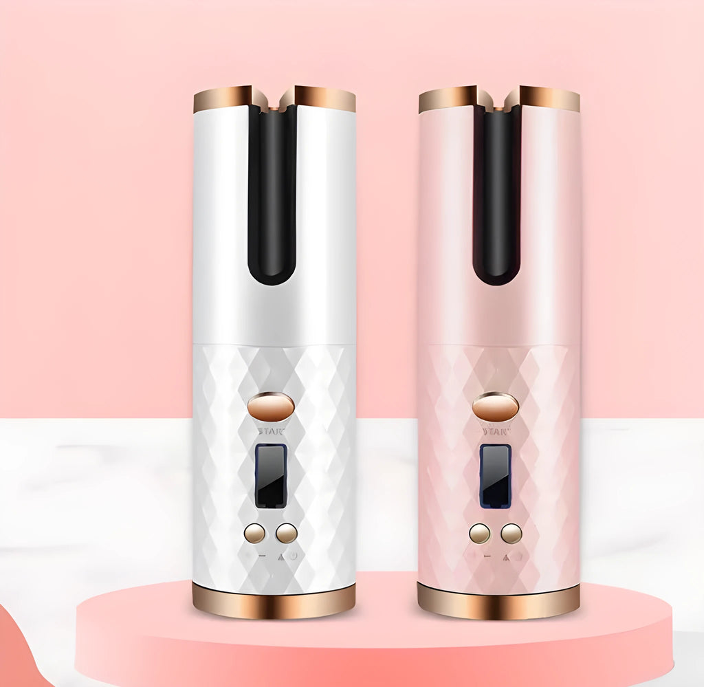 Portable white USB charging mini curling iron with gold ceramic barrel and temperature control dial