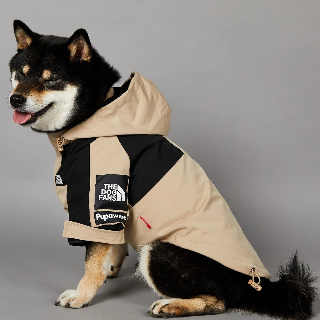 Khaki coloured polyester dog shell jacket shown on mannequin, back and side coverage design
