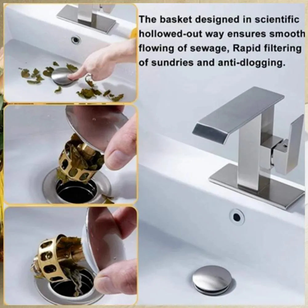 White single hole kitchen sink filter basket with copper element and manual press bounce mechanism.
