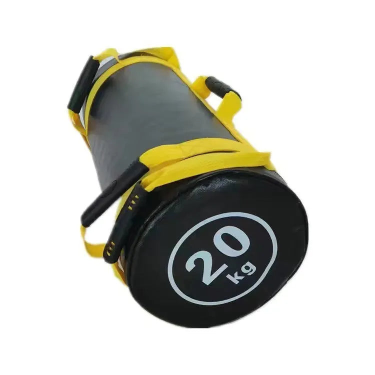 Flat white PVC fitness sandbag for weight lifting and strength training, shown with weight options.