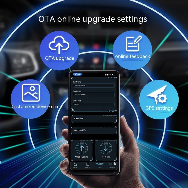 Car wired to wireless entertainment box with data cables for vehicle audio system connection