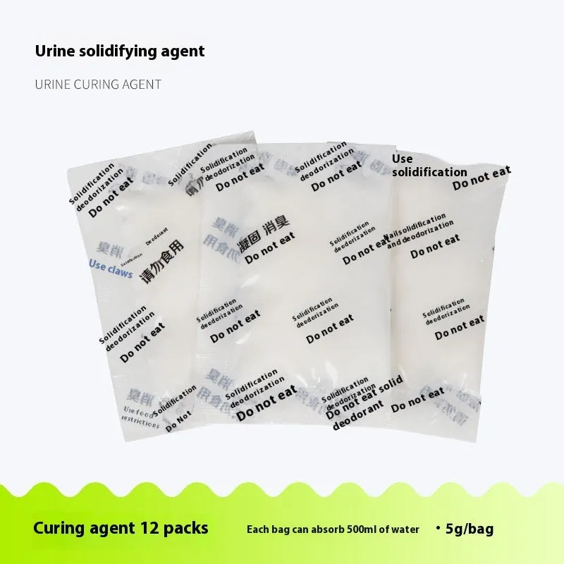Disposable emergency urine bag kit with black degradable bags and curing agent sachets.