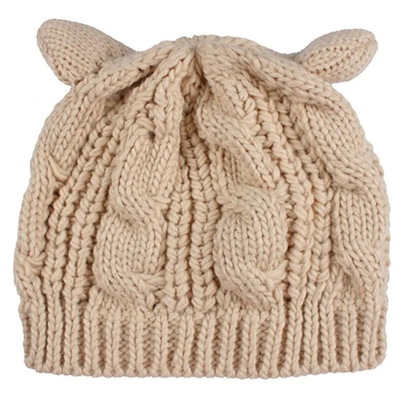Handmade wool knitted beanie with 3D cat ears in multiple colour options