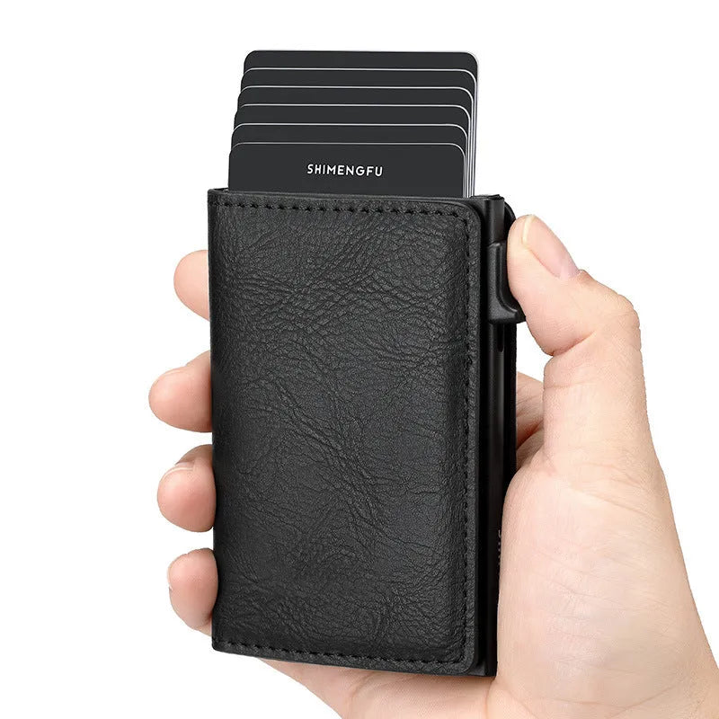 Pop-up aluminium alloy RFID blocking card wallet in retro PU leather, black colour option